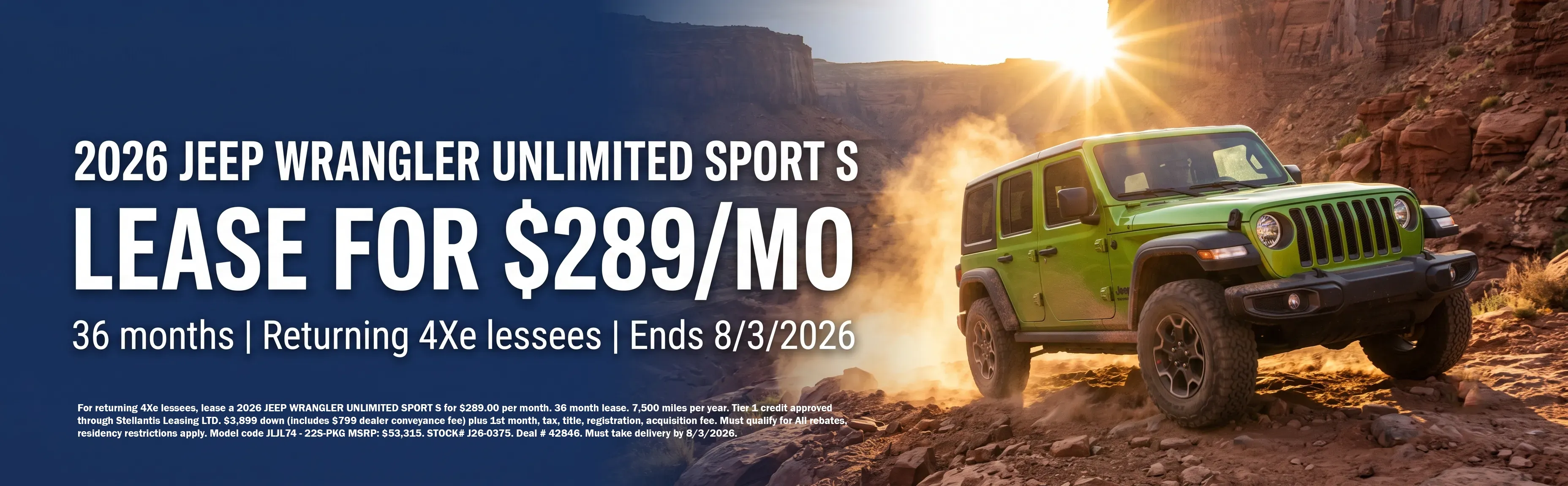 Lease a 2026 Jeep Wrangler Unlimited Sport S for 279 dollars per month at Garavel Chrysler Jeep Dodge Ram